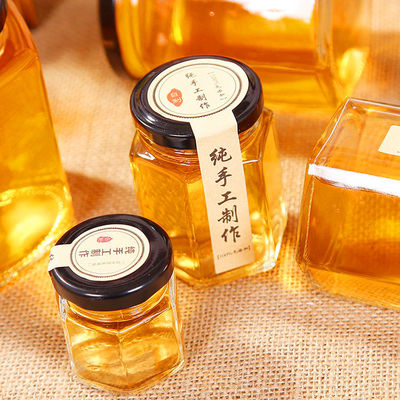 헥사곤 맑은 유리 저장 병 100ml 500ml 금속 뚜?? 으로 꿀 크림